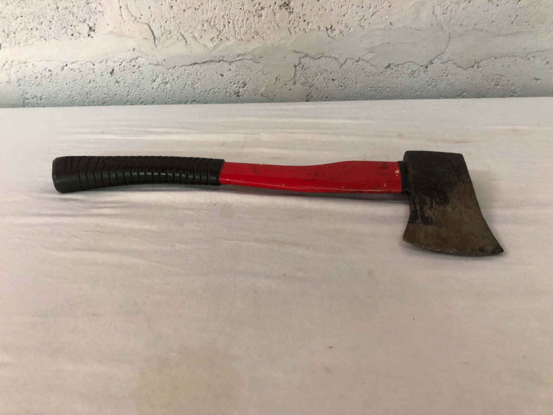 Used hatchet / small axe — 45 cm fibreglass-style handle with rubber grip, head secure (Untested)