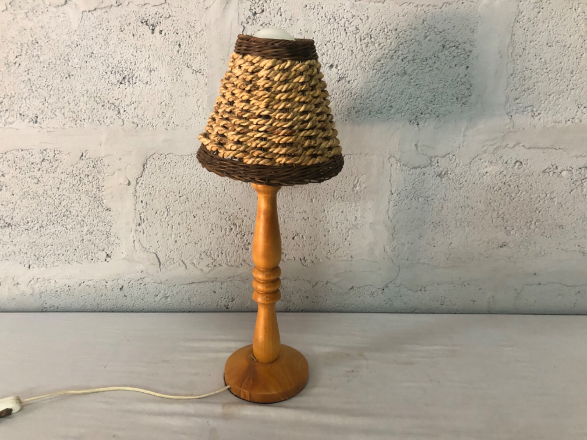 Turned-wood Table Lamp with Woven Rattan Shade — Working, Rustic Wear