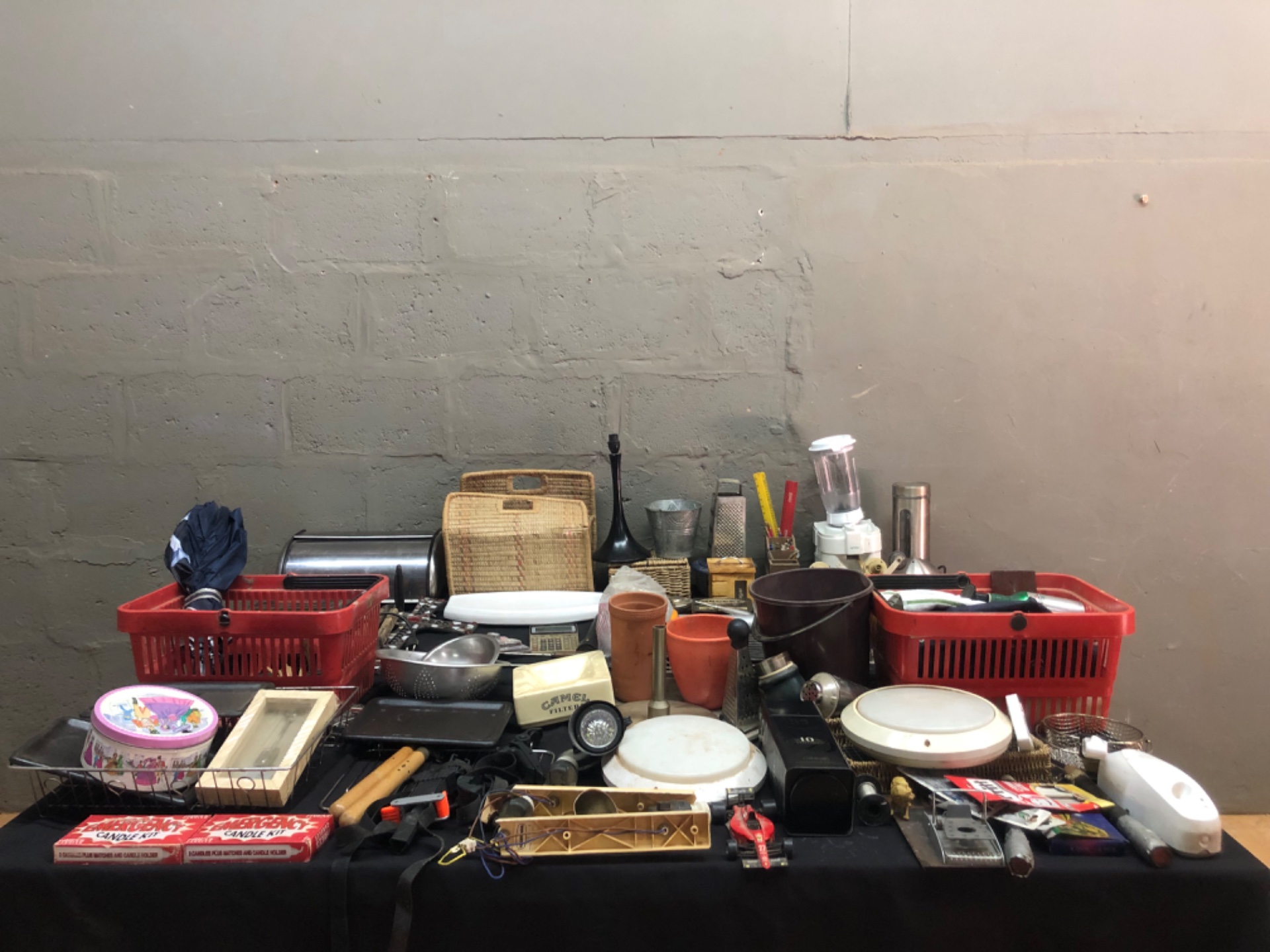 Mixed household & kitchenware lot — assorted small appliances, tools, tins and baskets