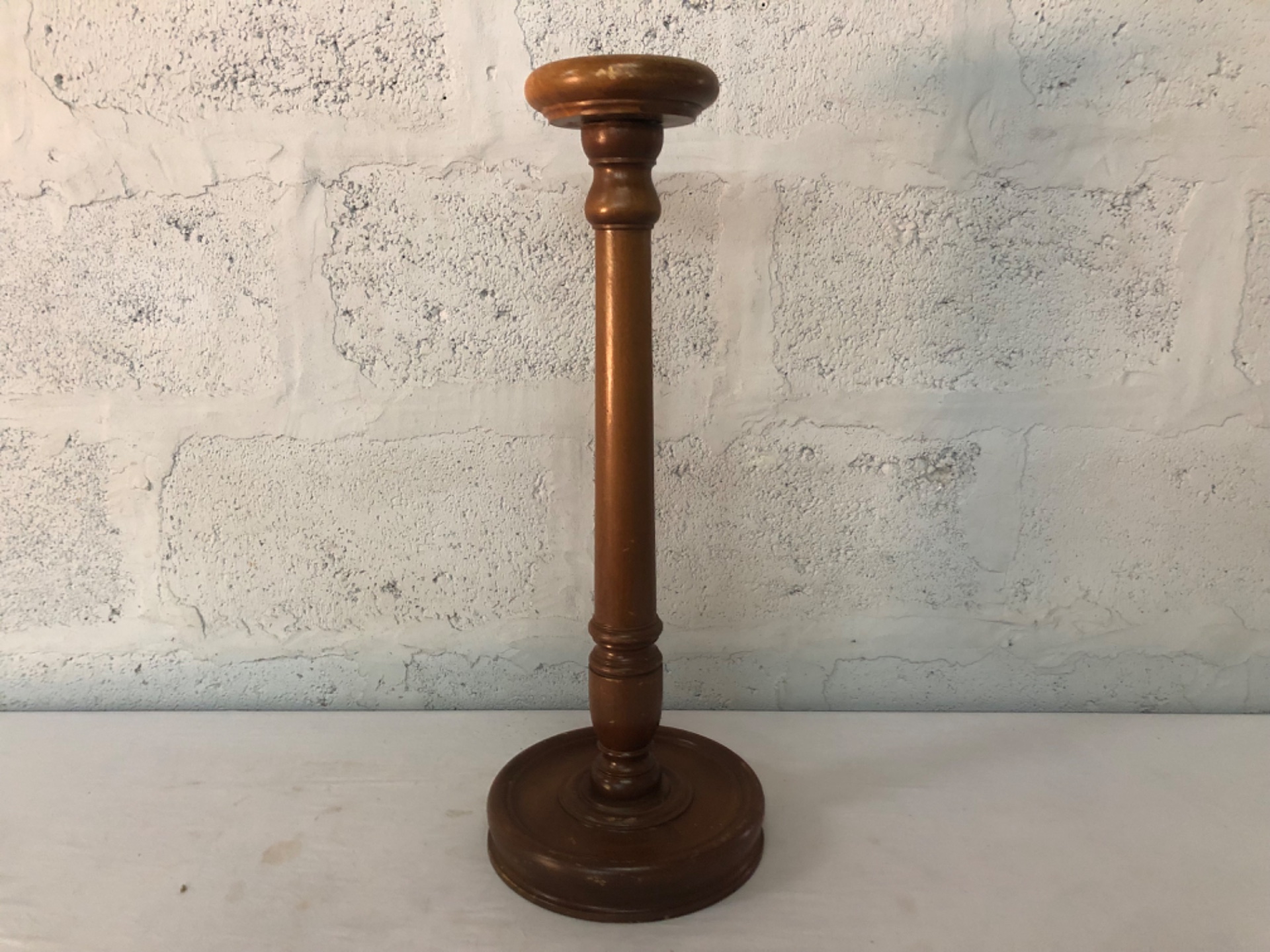 Turned wooden candlestick / pedestal stand — 65 cm, solid and decorative with surface wear