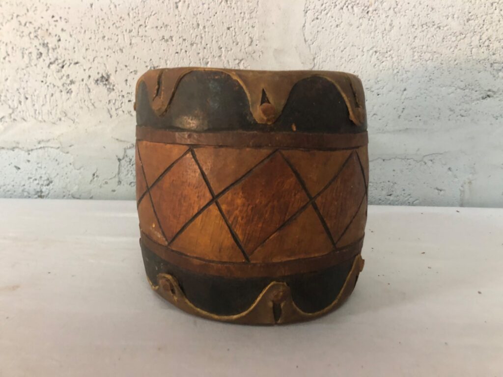 Carved wooden hand drum / container — fixed leather head, 18 × 16 cm, plays (aged leather)