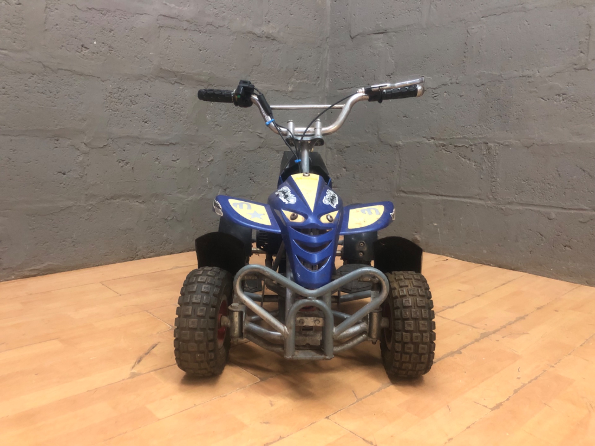 Children’s petrol mini quad (Morne-stickered) — petrol engine, chain & tyres — project / needs attention