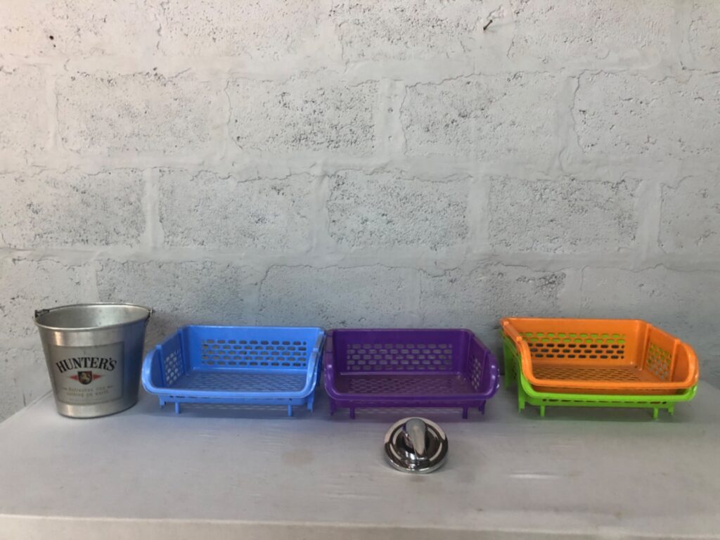 Mixed lot: 4 Plastic Storage Baskets + Hunter’s Metal Ice Bucket + Chrome Tap/Mixer Trim (Used)