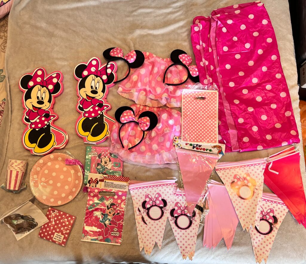 Minnie Mouse themed pink party bundle — plates, bunting, headbands, skirts & gift bags (mixed condition)