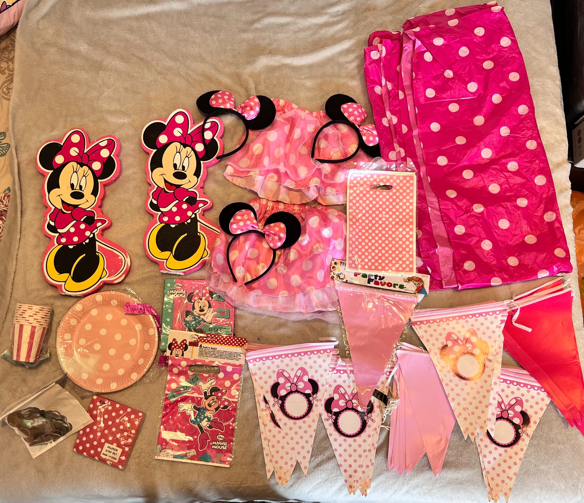 Minnie Mouse themed pink party bundle — plates, bunting, headbands, skirts & gift bags (mixed condition)