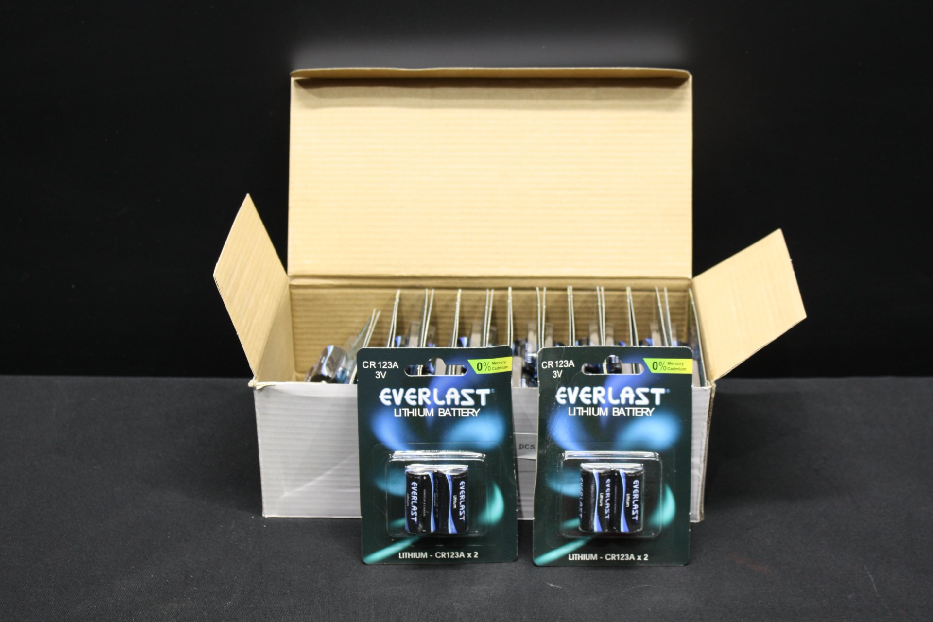 Bulk lot: Everlast CR123A 3V lithium batteries — 25 sealed retail blister packs (approx. 50 cells)