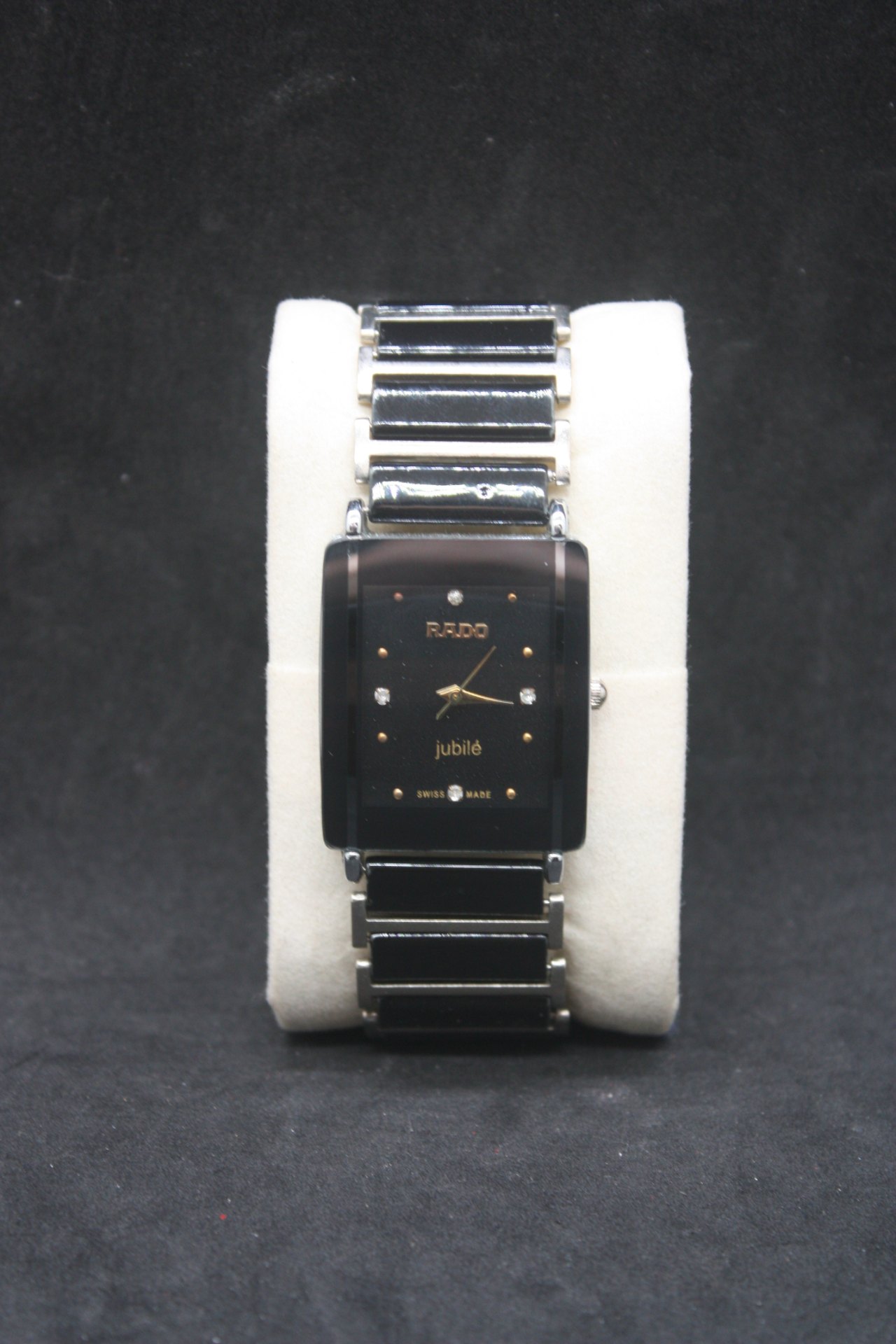 Marked RADO Jubilé-style black-dial wristwatch with integrated bracelet — Untested, visible wear