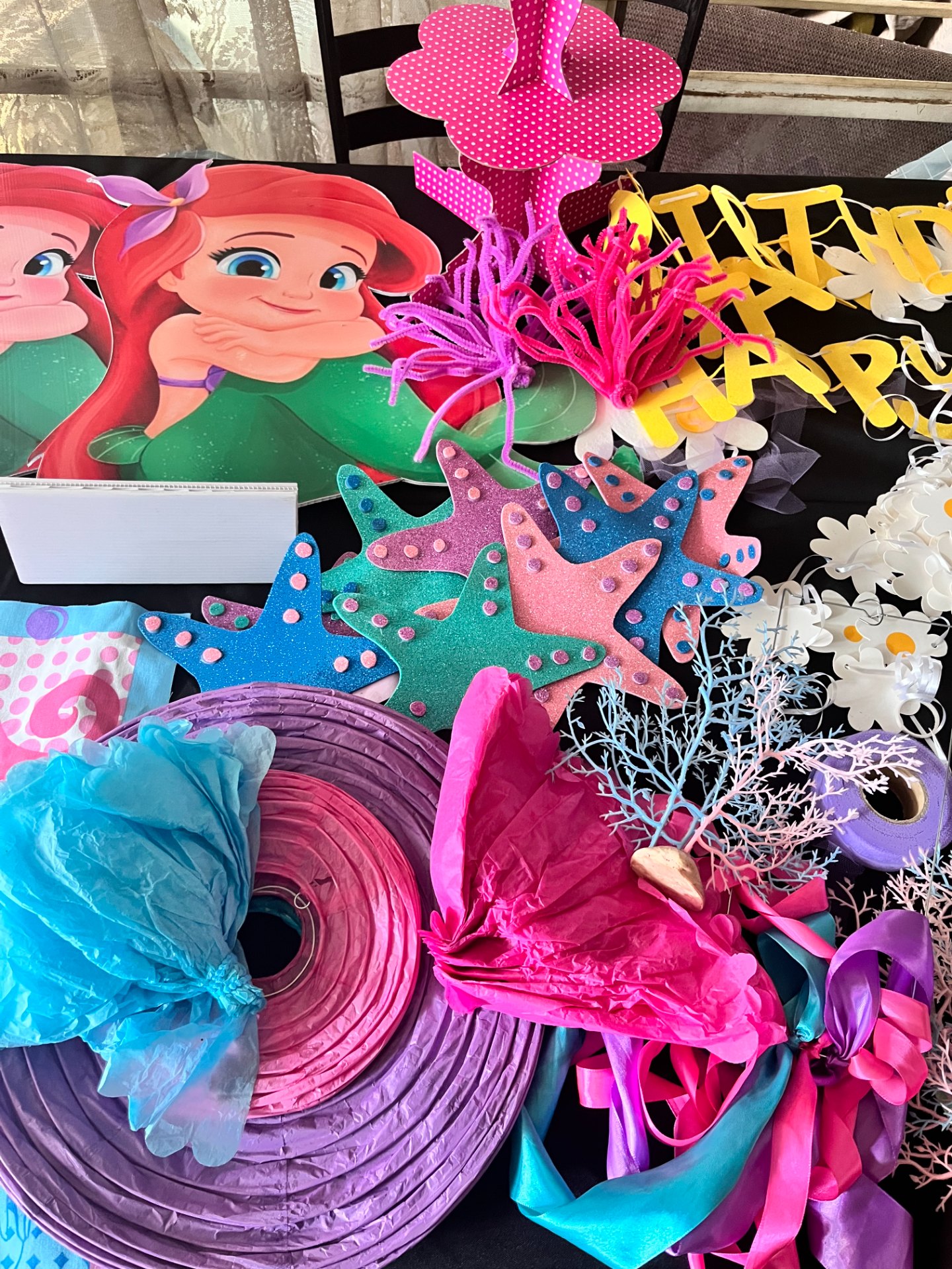 Ariel / Little Mermaid themed children’s party decorations lot — approx. 30 mixed pieces (used, visible wear)