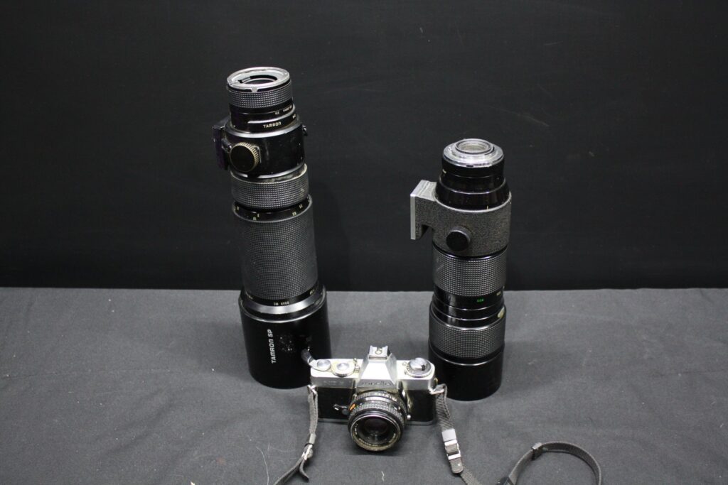 Minolta XD5 film SLR with Minolta MD Rokkor 45mm + Tamron SP and Vivitar 120-600mm telephoto lenses (Untested, heavy wear)