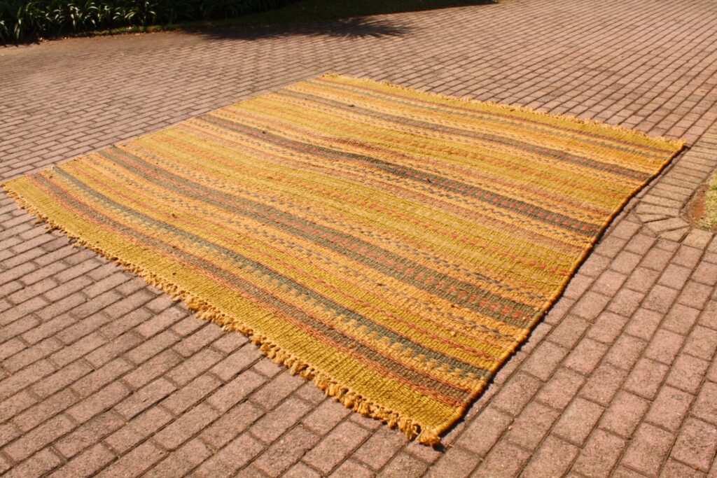 Large striped flatweave rug – 300 x 300 cm, warm ochre/green/terracotta tones, used condition