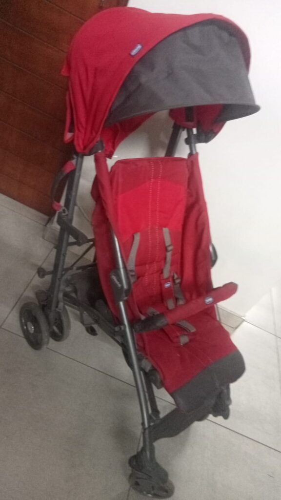 Red Chicco single stroller / buggy – tested harness, brakes & fold, used fair condition