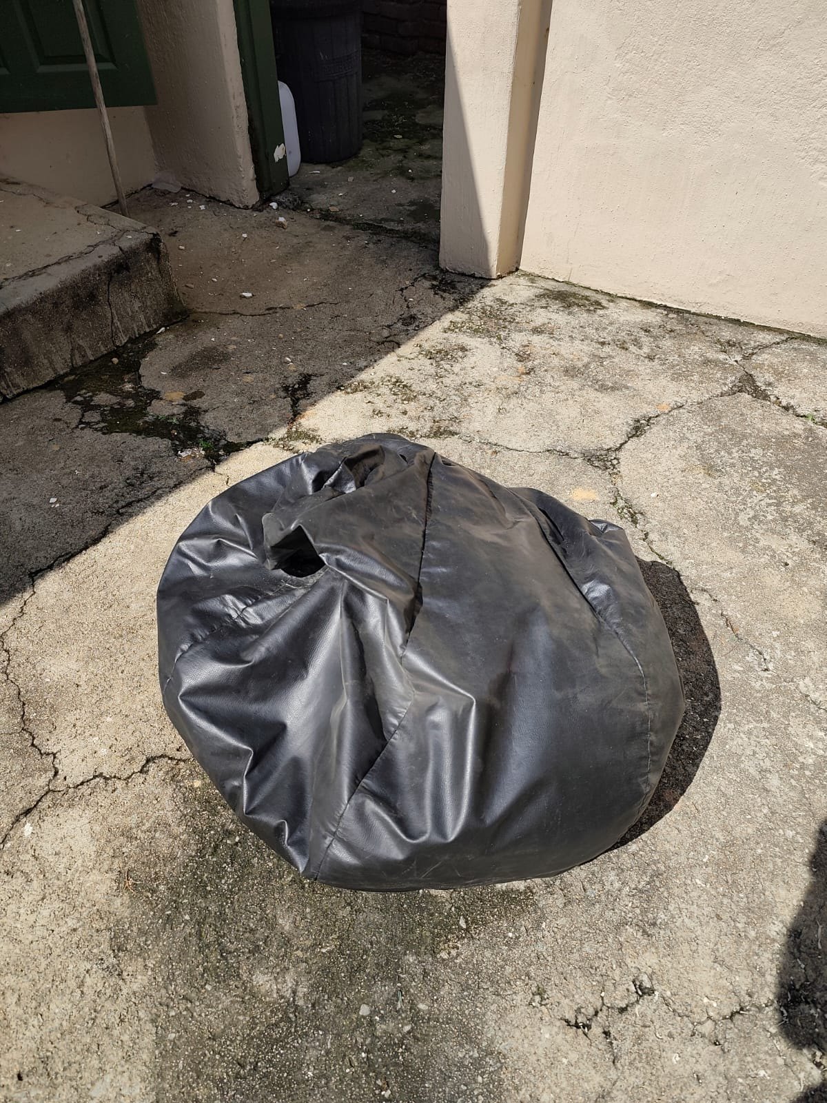 Large Black Faux‑Leather/Vinyl Bean Bag — Removable Zip Cover, Worn & Partially Deflated
