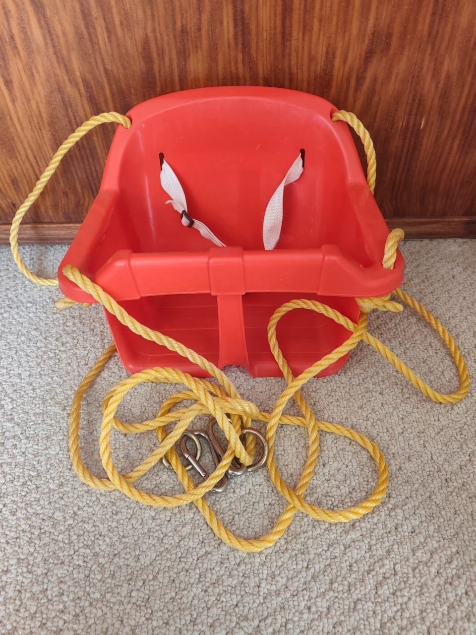 Red Plastic Child Bucket Swing Seat with Yellow Ropes, Harness & Metal Connectors