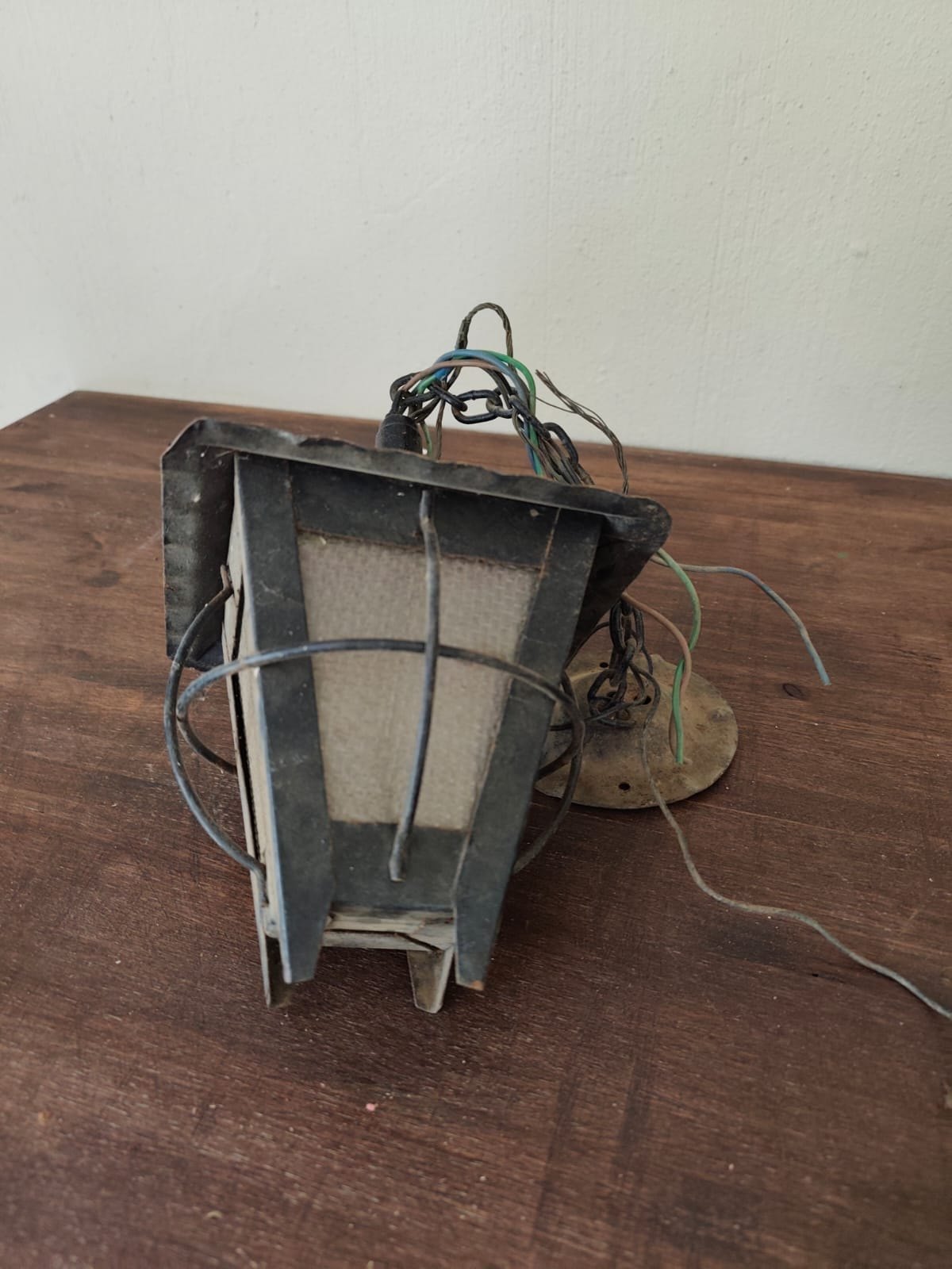 Hanging lantern-style pendant light, metal cage with fabric panels, chain & canopy (untested)