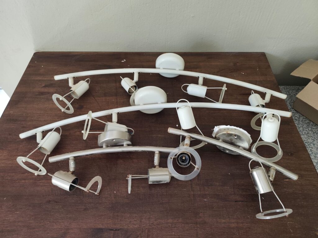 Lot: 2 Curved Multi-Spot Ceiling Light Fixtures + Silver Rail/Parts — E14 Holders, Cosmetic Rust / For Repair