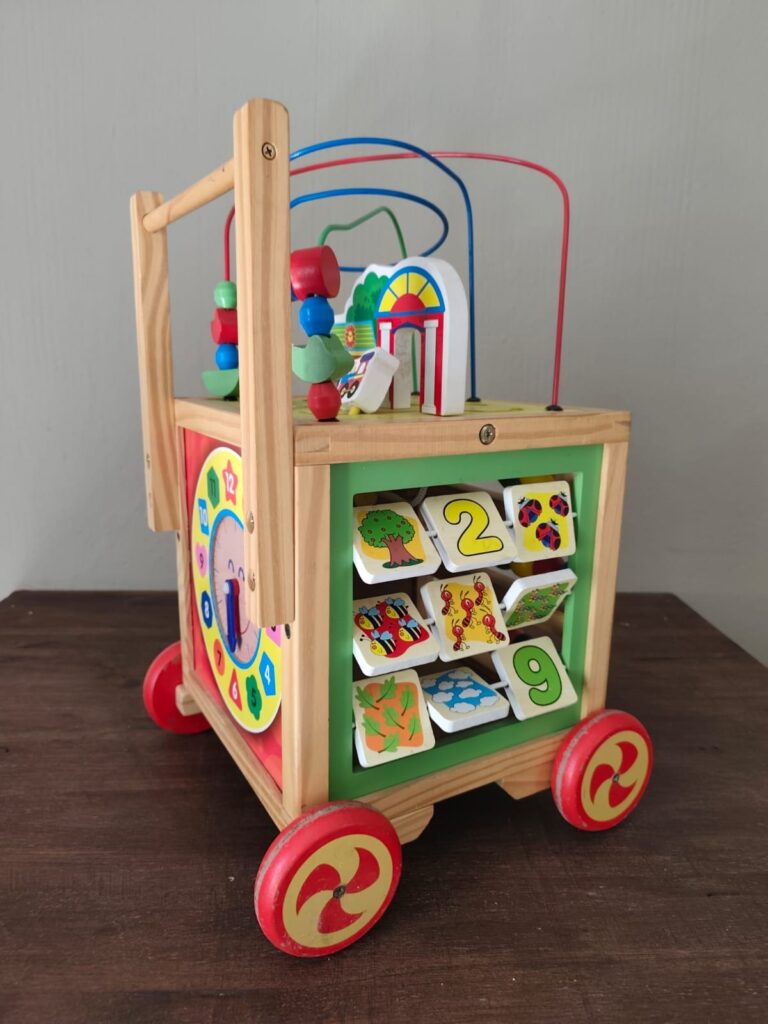 Wooden Multi-Activity Push Walker Cube with Bead Maze, Clock & Learning Panels