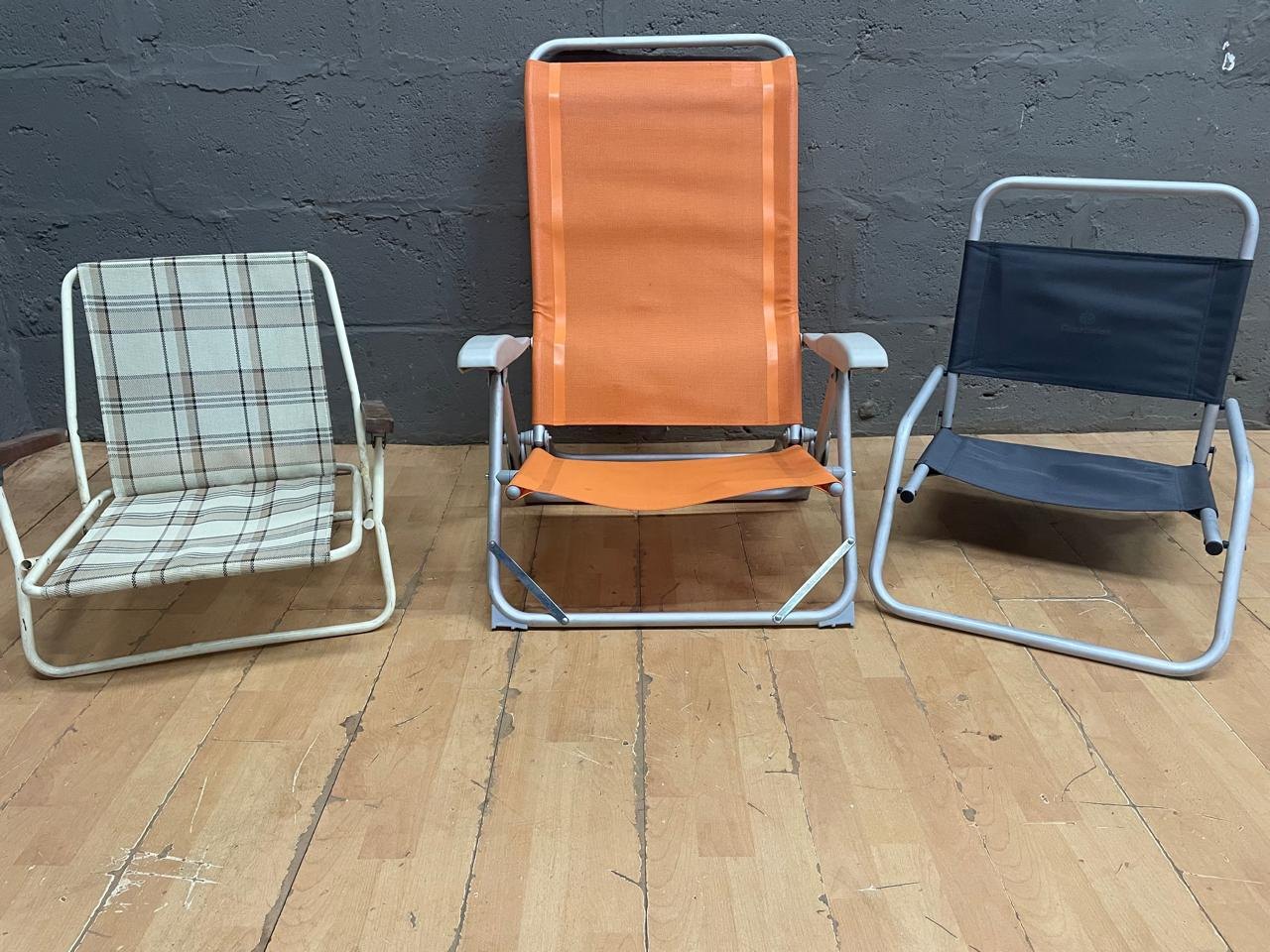 Lot of 3 Folding Beach / Camping Chairs — Mixed Styles, Used, Surface Rust & Stains