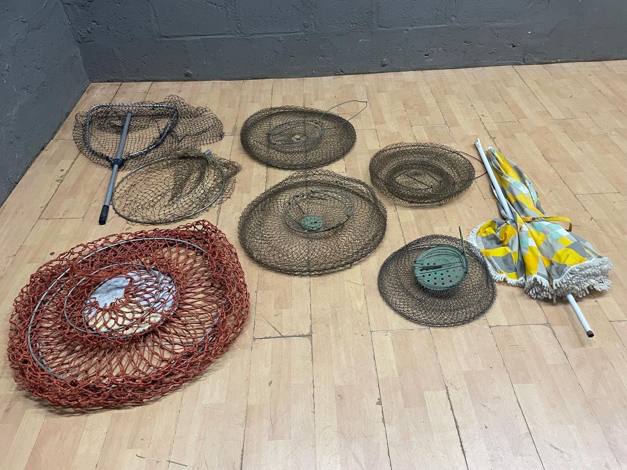 Lot of 8 Used Fishing Traps, Wire‑Mesh Fish Baskets, Landing Net & Folded Parasol — Rusted, Untested