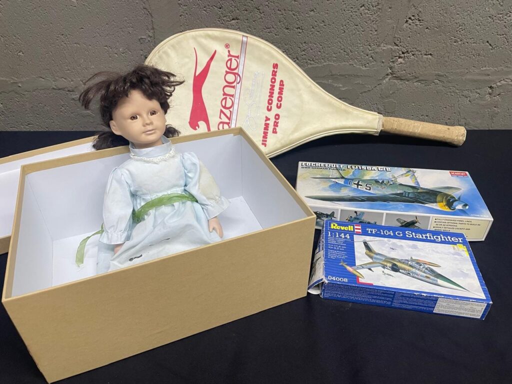 Mixed lot: Boxed doll (soiled), Slazenger “Jimmy Connors Pro Comp” racket in cover, Academy FW190A & Revell TF‑104G model kits
