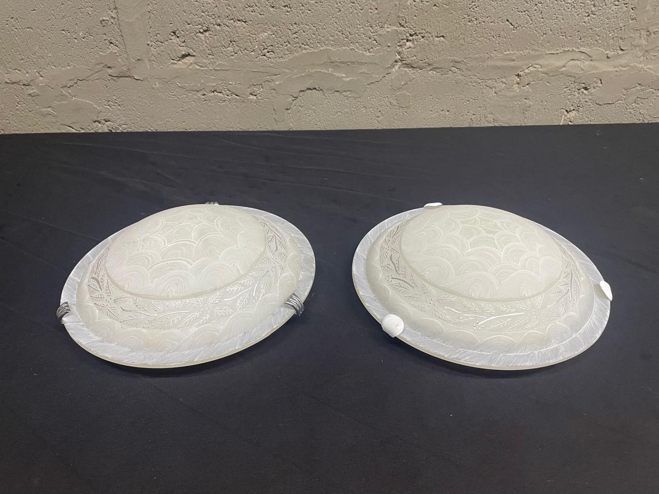 Pair of Frosted Etched Glass Ceiling Shades / Flush-Mount Diffusers – Decorative Pair with Clips