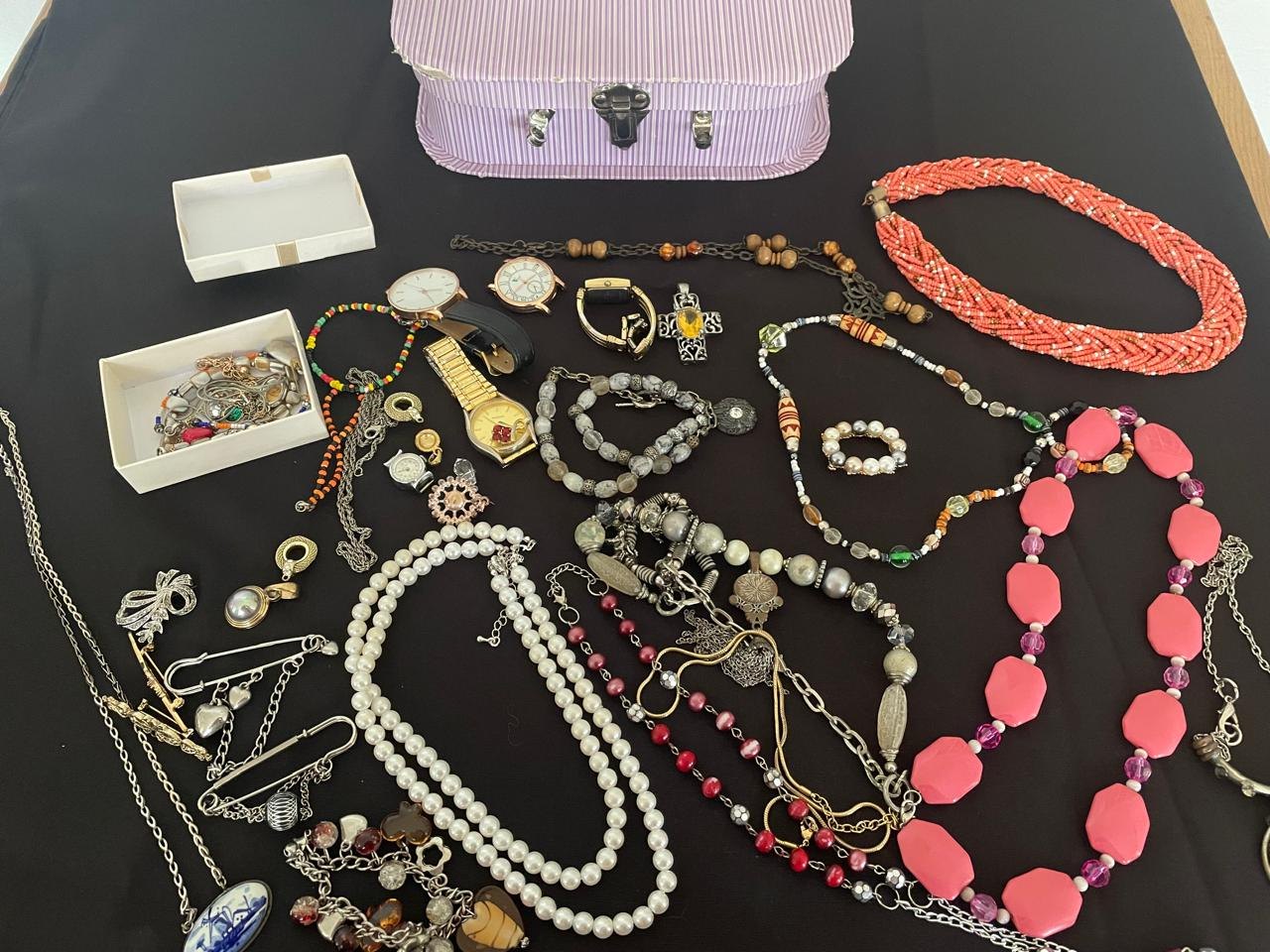 Mixed Costume Jewellery Lot — Assorted Necklaces, Bracelets, Brooches & Watches in Purple Striped Box