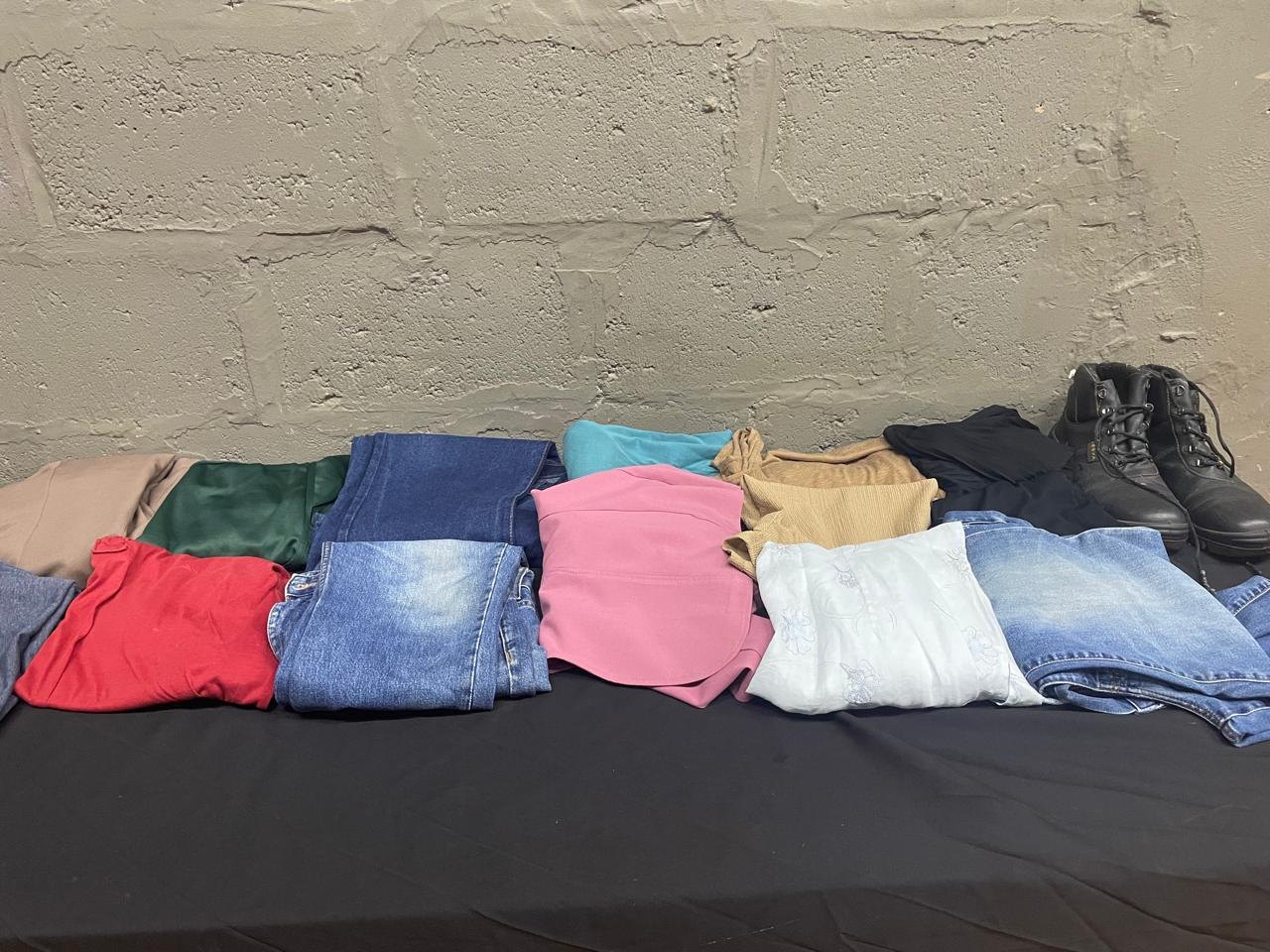 Mixed Clothing & Denim Lot with Black Lace-Up Boots — About 15 Items (Boots UK 10)