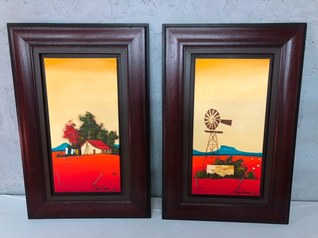 Pair of signed oil on canvas landscapes by Neels Deysel (’09) — framed matched panels
