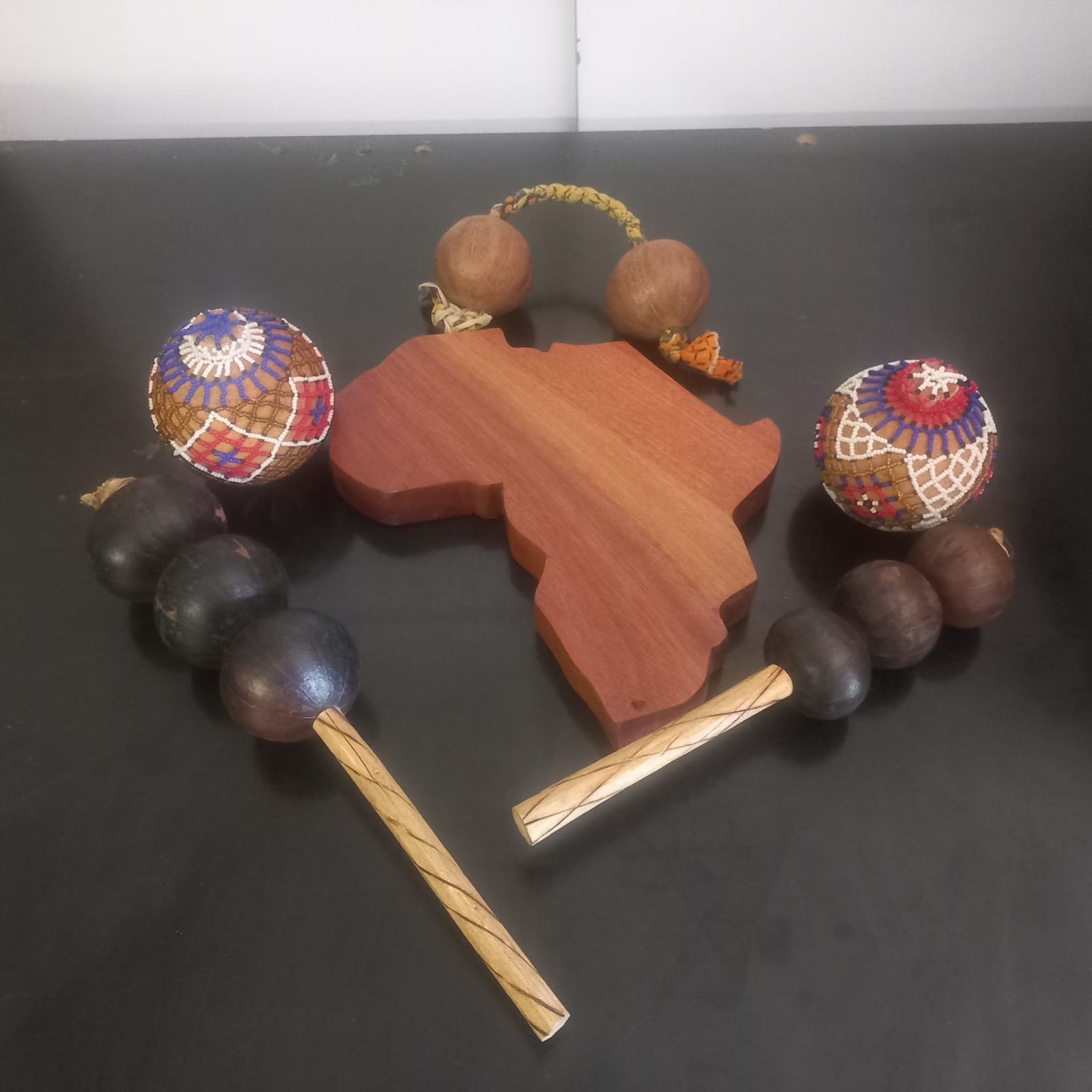 Timber Vintage Africa-shaped Wooden Plaque + Decorative Beaded Balls & Wooden Maracas — Used