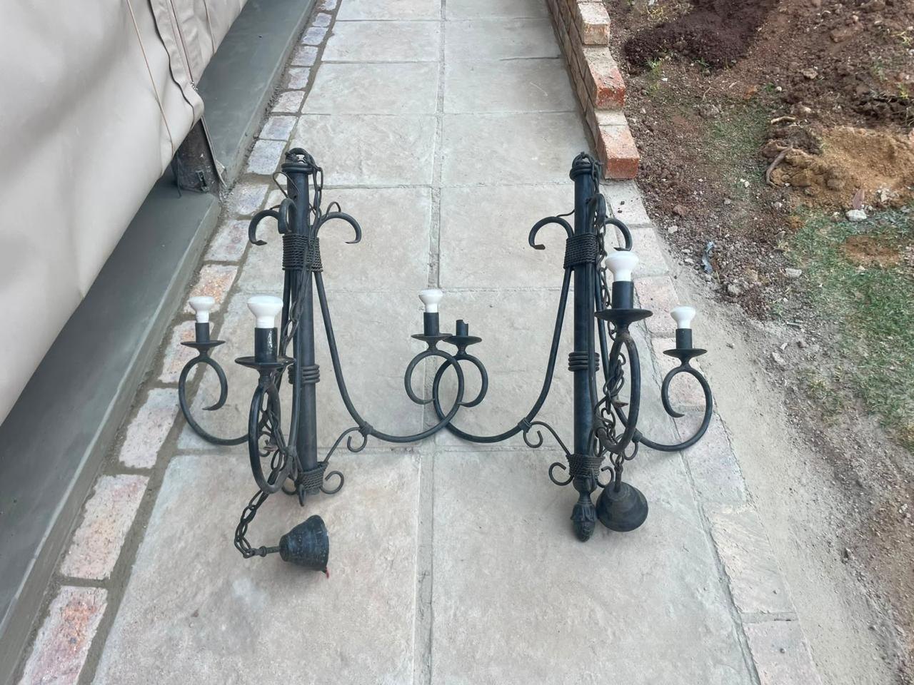 Pair of Black Metal Hanging Chandeliers — 3-socket candle-style, chains & canopies included