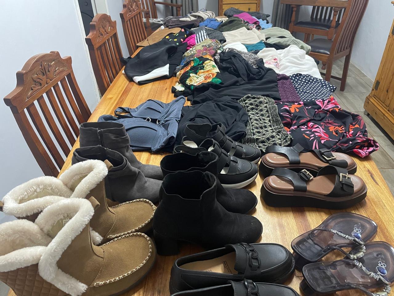 Bulk ladies clothing & footwear lot — plus minus 50 items (Ladies XL, shoes Size 5–6)
