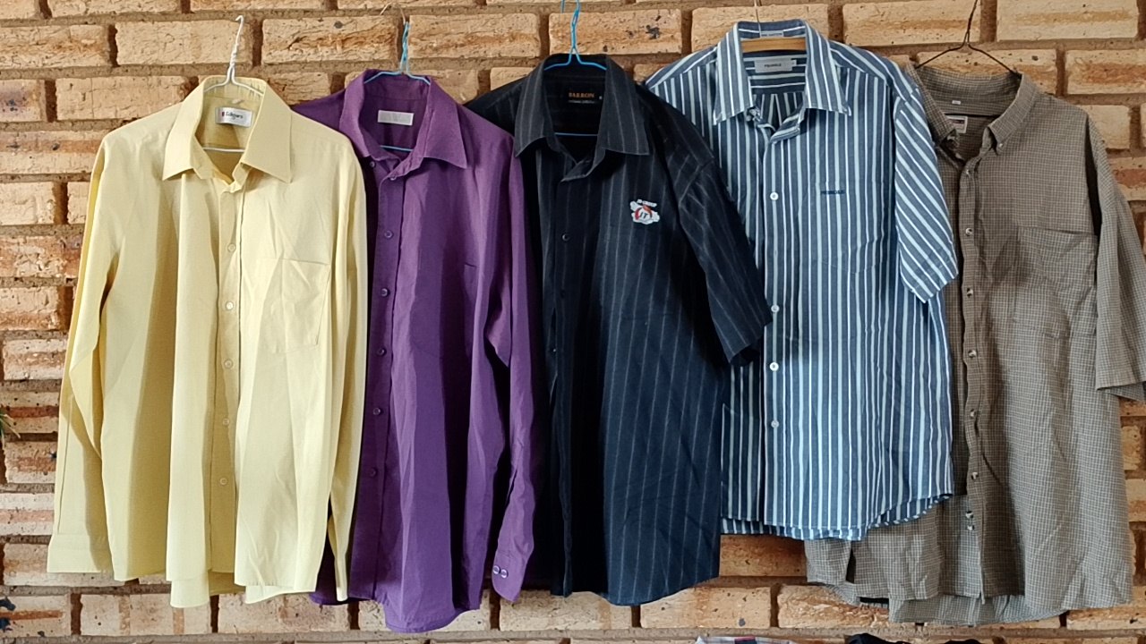 Lot of 14 assorted men’s shirts, jersey and trousers — mixed brands, used (trouser needs new zip)
