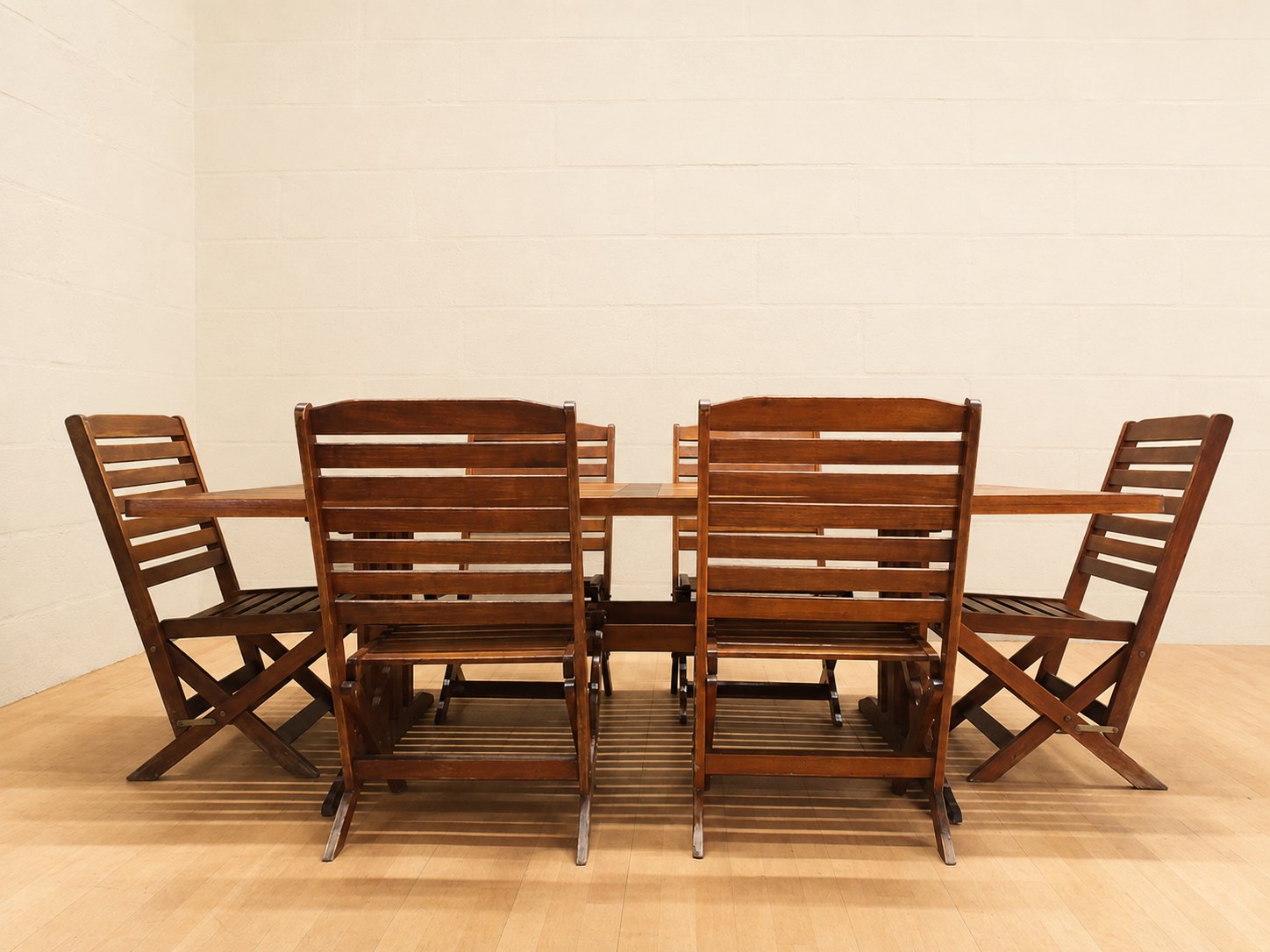 Wooden slatted dining table + 6 folding chairs — large 222×112 cm dining set