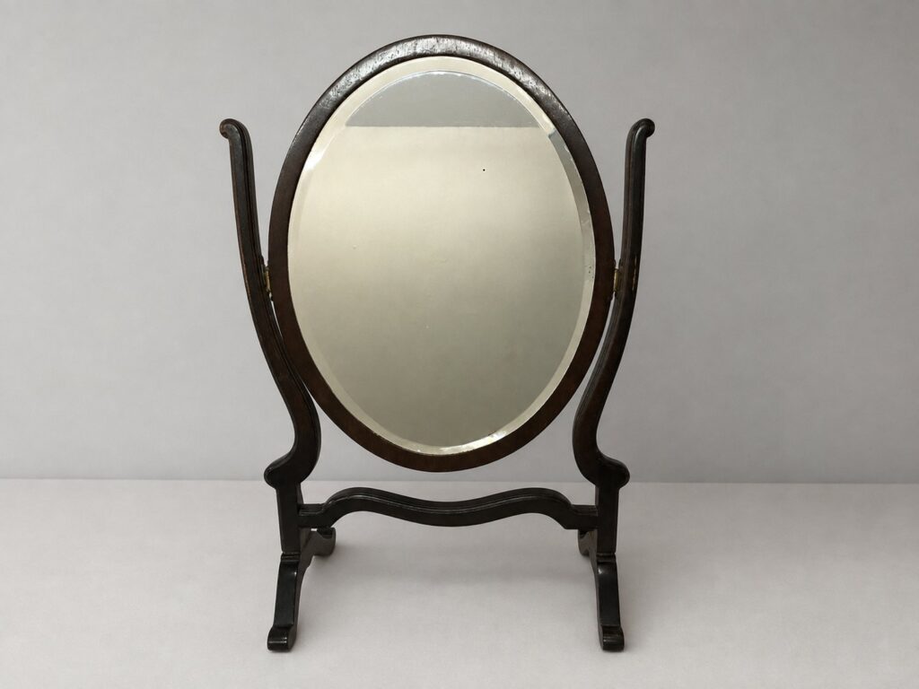 Oval Tilting Tabletop Cheval Mirror on Wooden Stand — 62 x 36 x 25 cm — Worn Finish