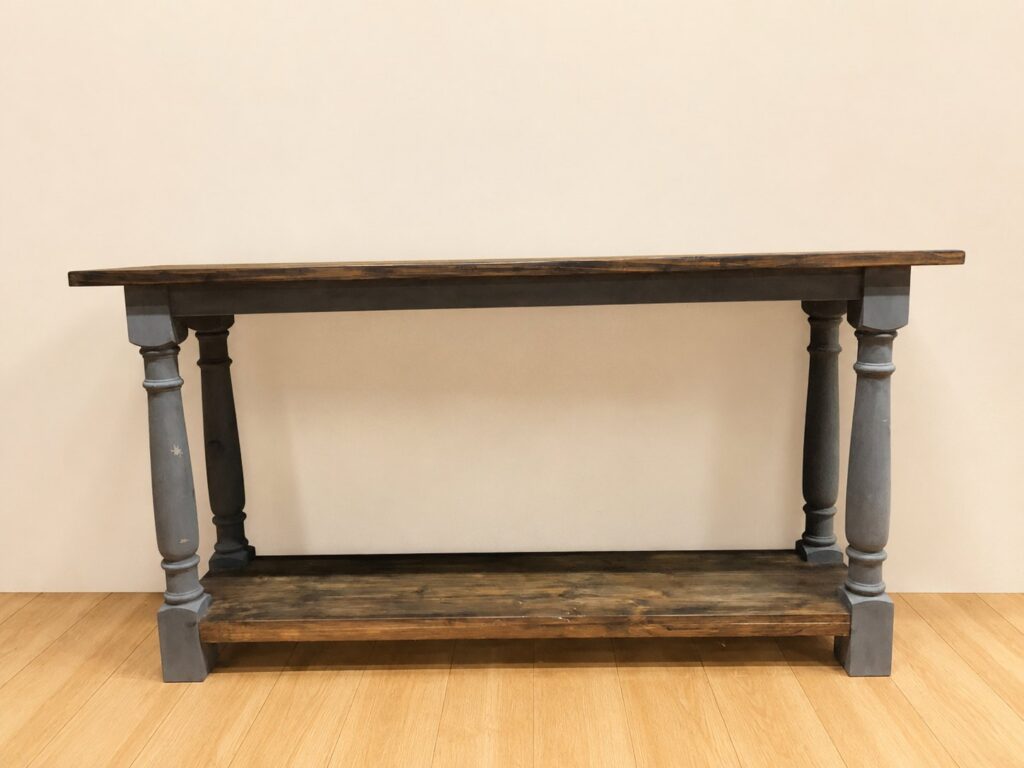 180cm Solid-Wood Console / Sofa Table — Plank Top & Lower Shelf, Turned Painted Legs