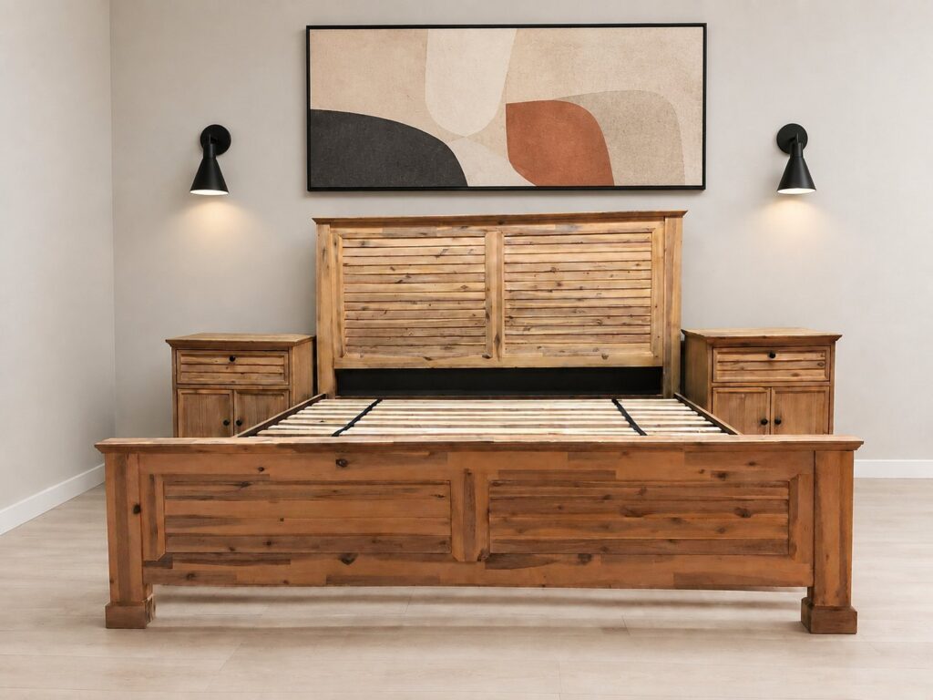 King-size rustic wooden bed frame with slatted base + 2 matching bedside cabinets — used, visible wear and split on top rail (mirror and Light fittings not included)