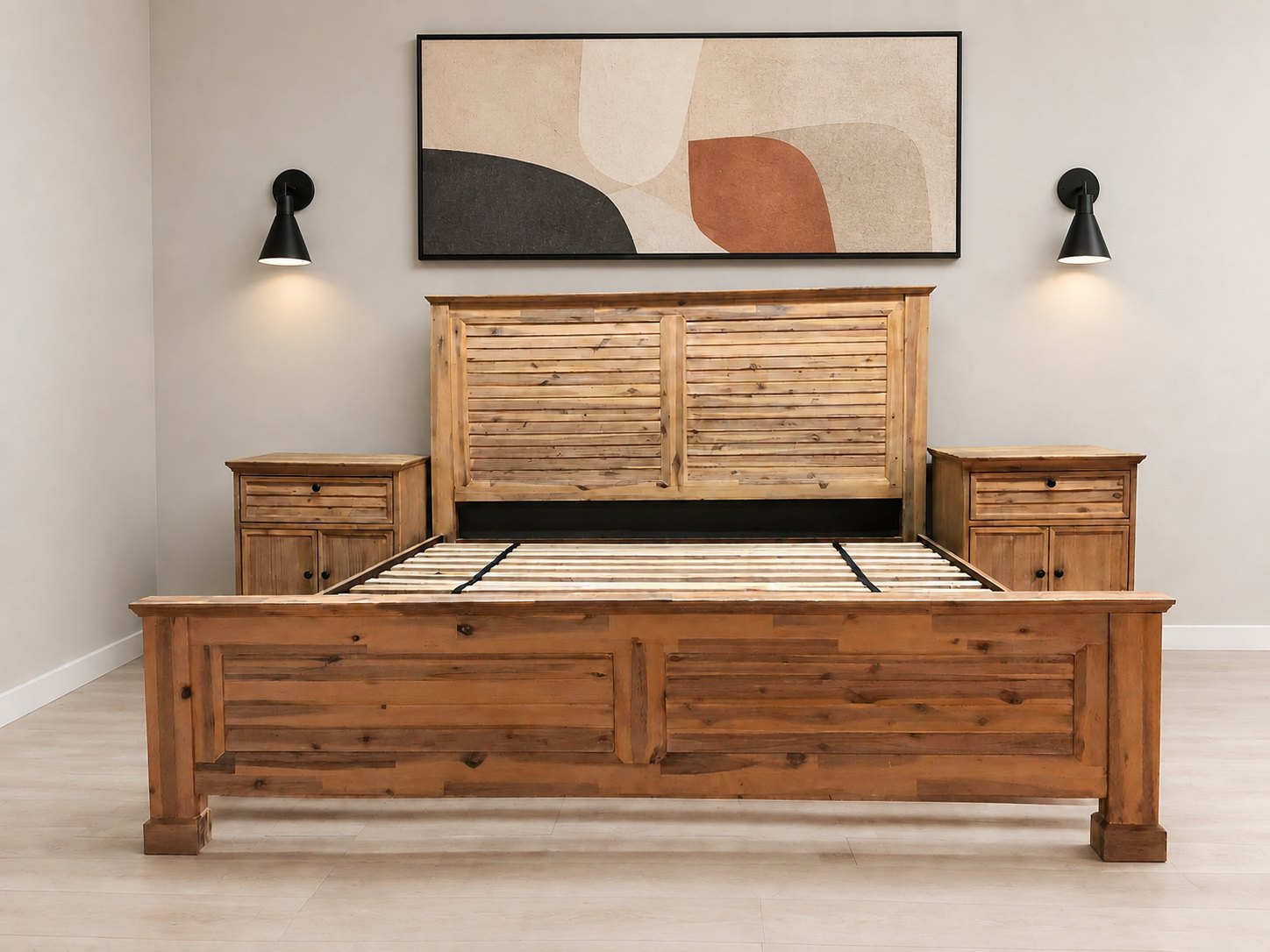 King-size rustic wooden bed frame with slatted base + 2 matching bedside cabinets — used, visible wear and split on top rail (mirror and Light fittings not included)