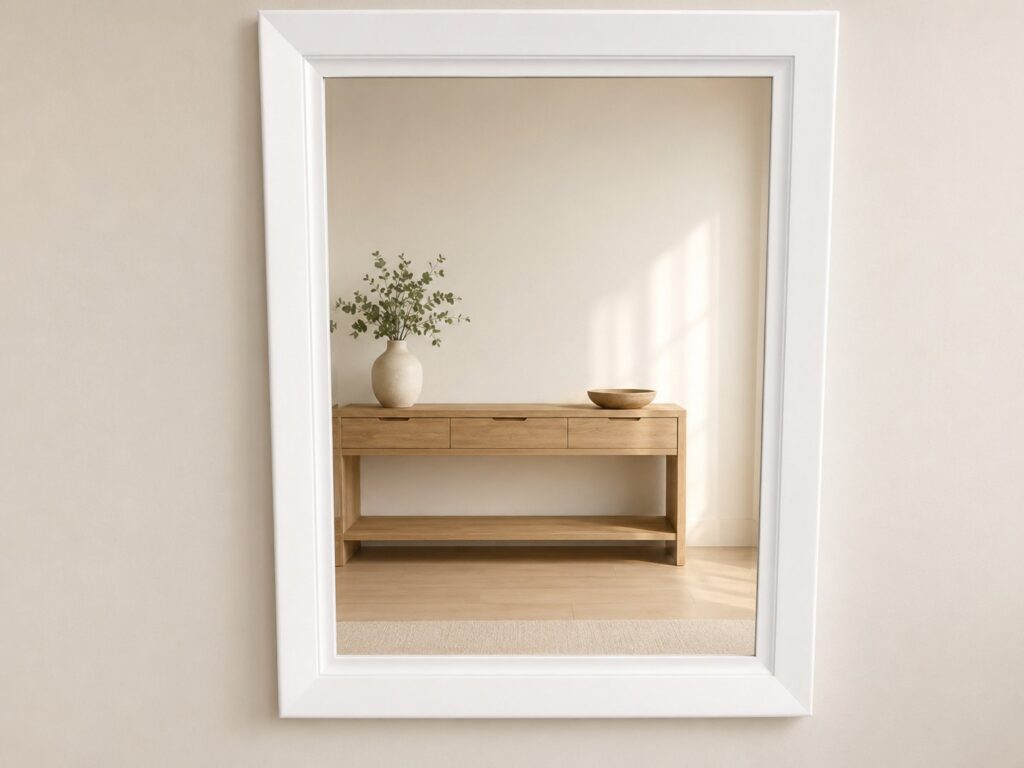Large white framed wall mirror with intact glass and secure hanger (110 x 90 x 4 cm)