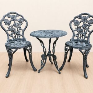 3-piece cast‑aluminium outdoor bistro set — round rose‑motif table + 2 chairs