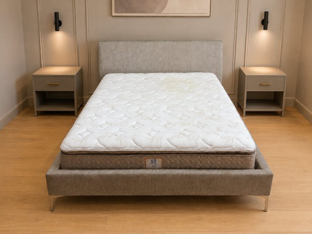 Queen Sealy Posturepedic ‘Tiara’ mattress on upholstered bed frame with headboard — 170 x 220 x 96 cm (Bed Only)