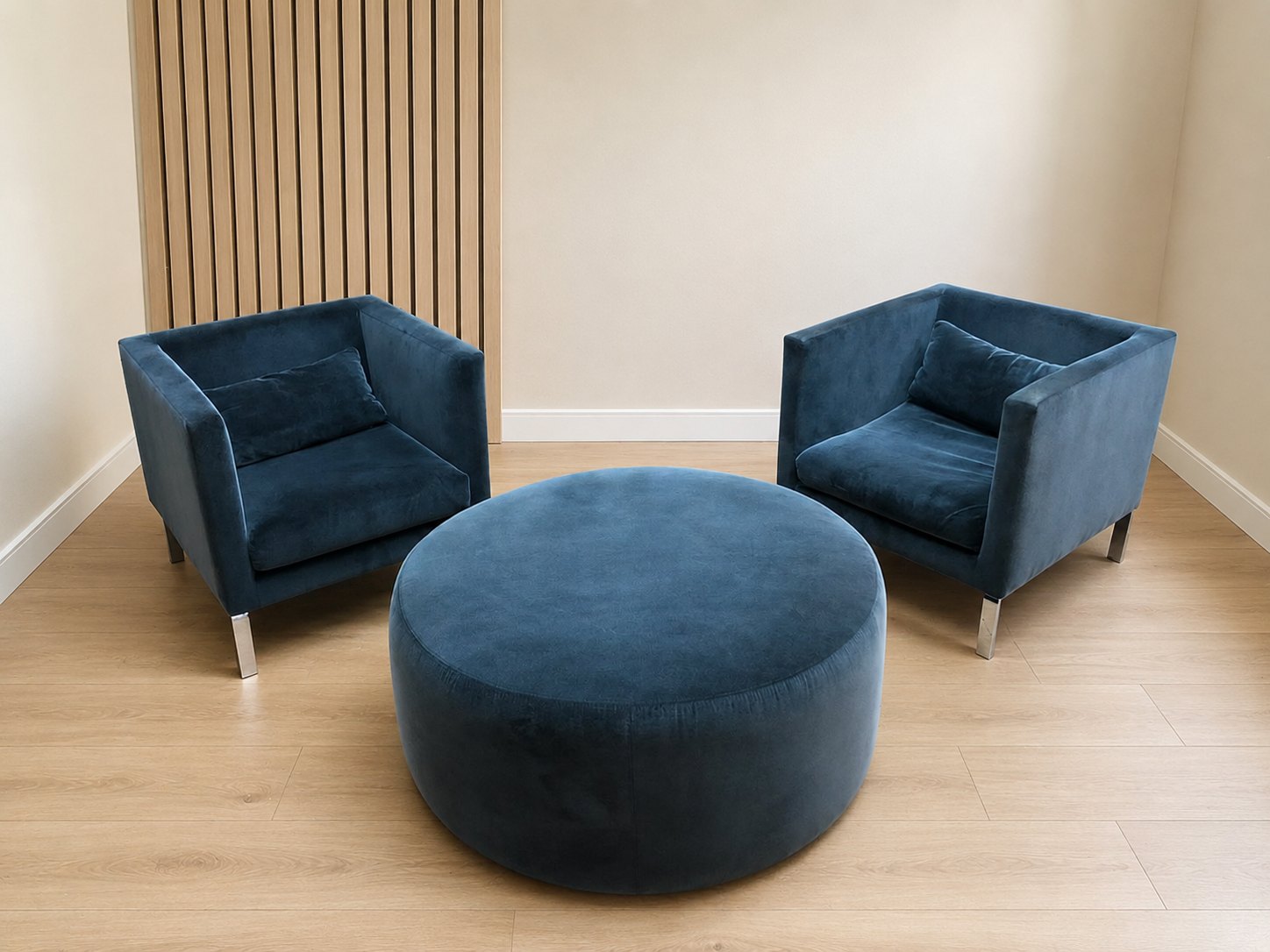 Matched pair of cube armchairs with large round ottoman — blue upholstered set, chrome legs