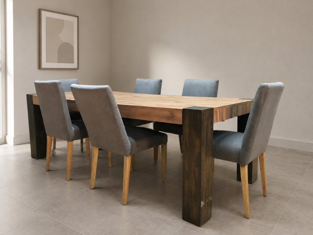 Large rectangular dining table with 6 grey upholstered chairs — chunky dark legs, used with wear