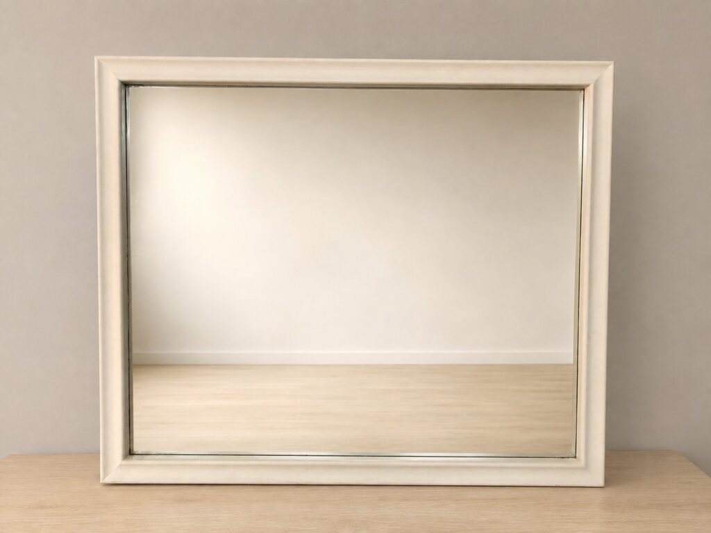 Large wall mirror with cream painted wooden frame — 120 x 101 cm