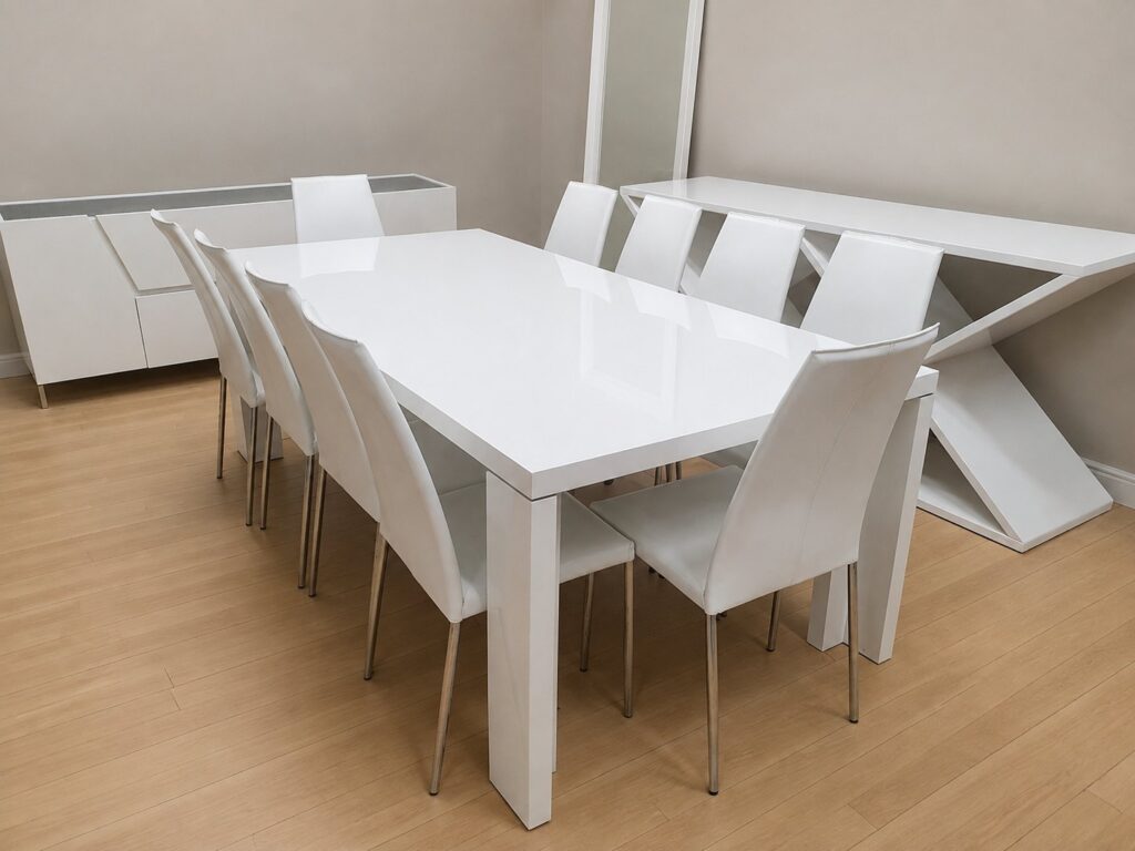 Modern White High‑Gloss Dining Suite — Table (220x105x77cm), 10 Chairs, Buffet, Sculptural Console & Floor Mirror