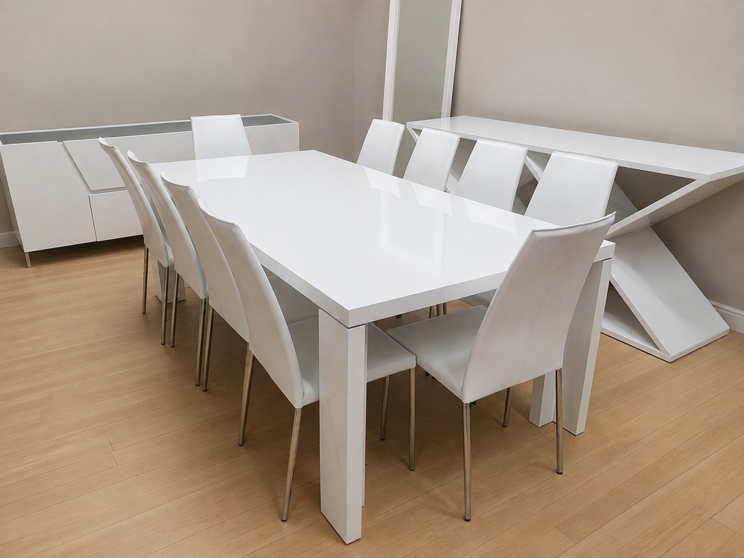 Modern White High‑Gloss Dining Suite — Table (220x105x77cm), 10 Chairs, Buffet, Sculptural Console & Floor Mirror
