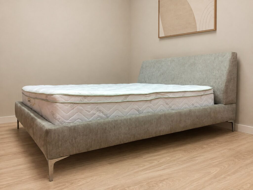 Queen upholstered bed frame with headboard + Dynamic Bedding Sleep O’Paedic mattress (used, stains)