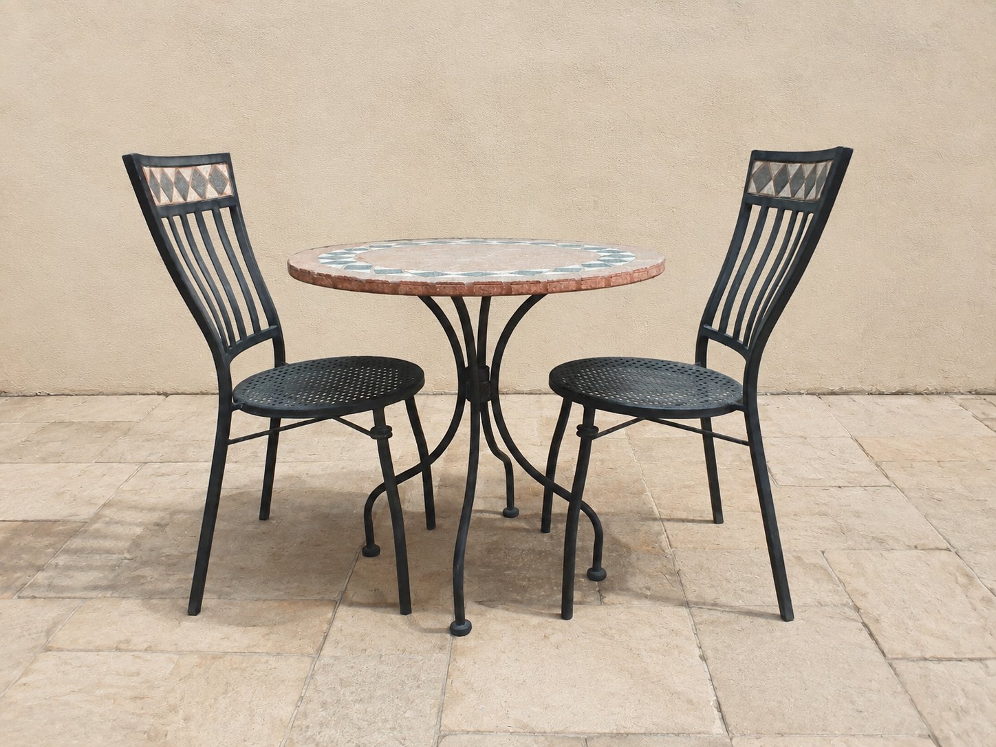 Outdoor round mosaic tile bistro table + 2 metal chairs – 76cm tabletop, used with minor chips & surface rust