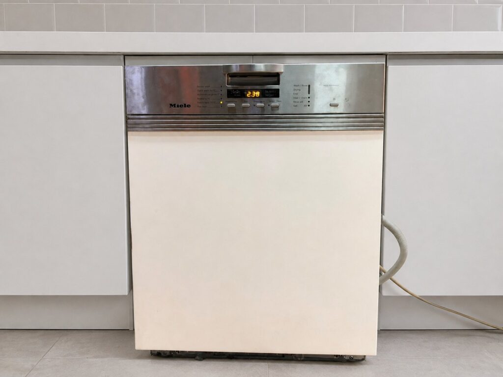 Miele G1220 SCI built-in dishwasher — powers on, racks & hoses, top cover removed, lower kickplate damaged