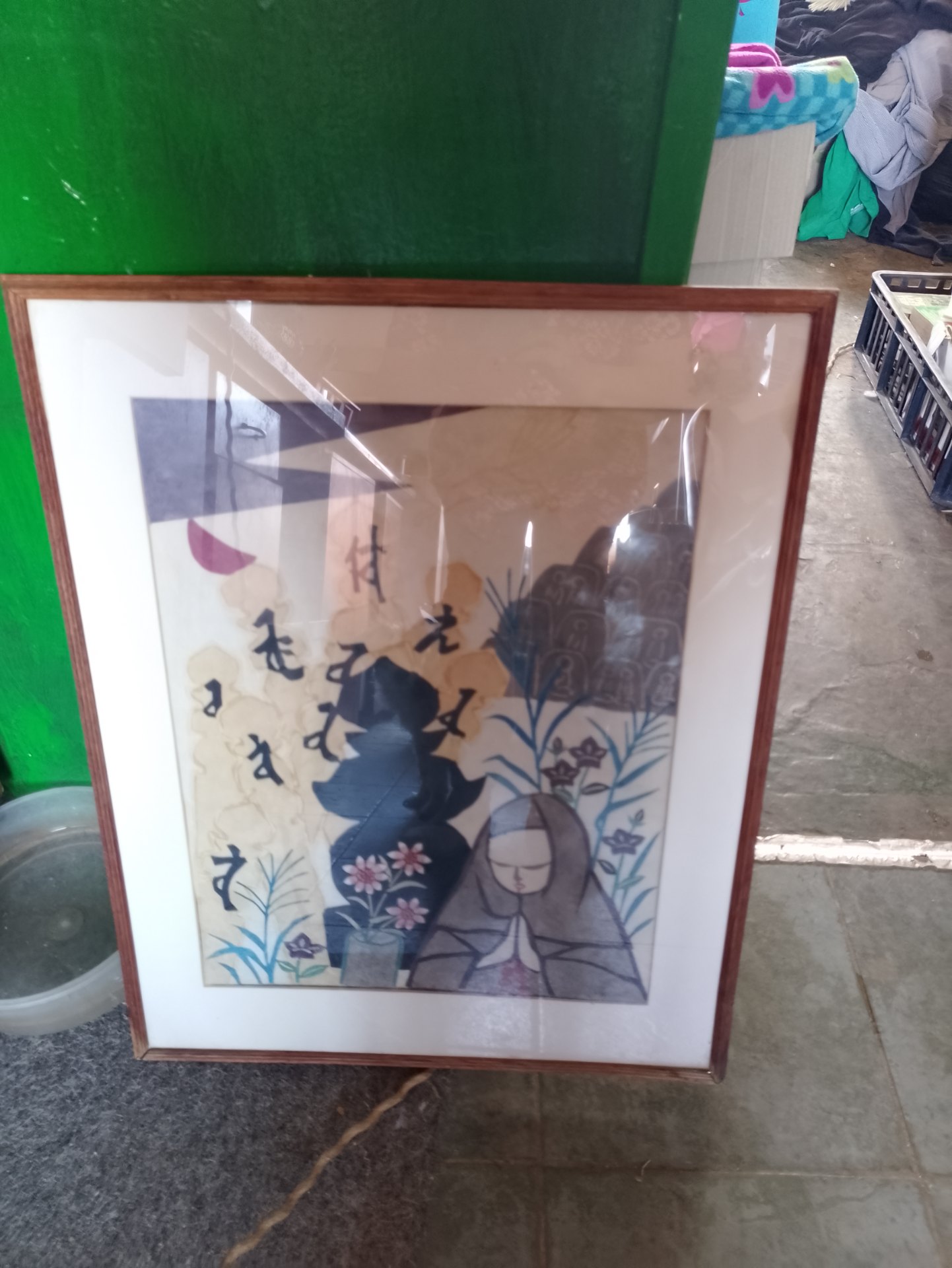 Framed Japanese‑style Print with Wooden Frame & Mat — 70 x 56 cm; glass intact, backing torn