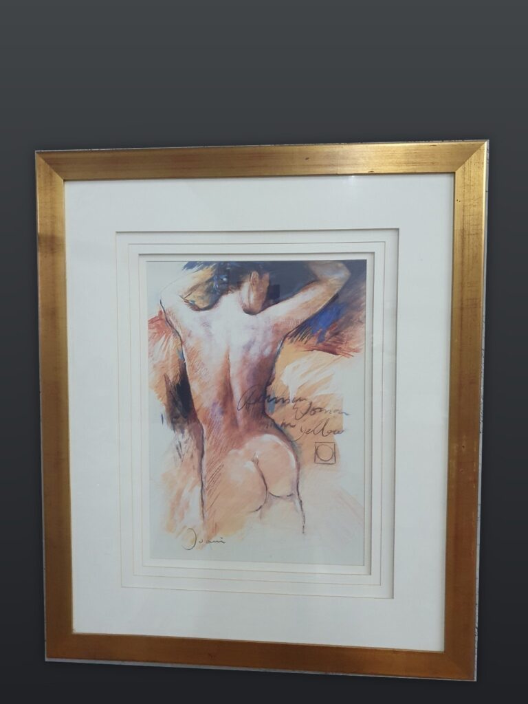 Framed open‑edition nude study with printed signature — 109 x 91 cm, gilt frame & double mat