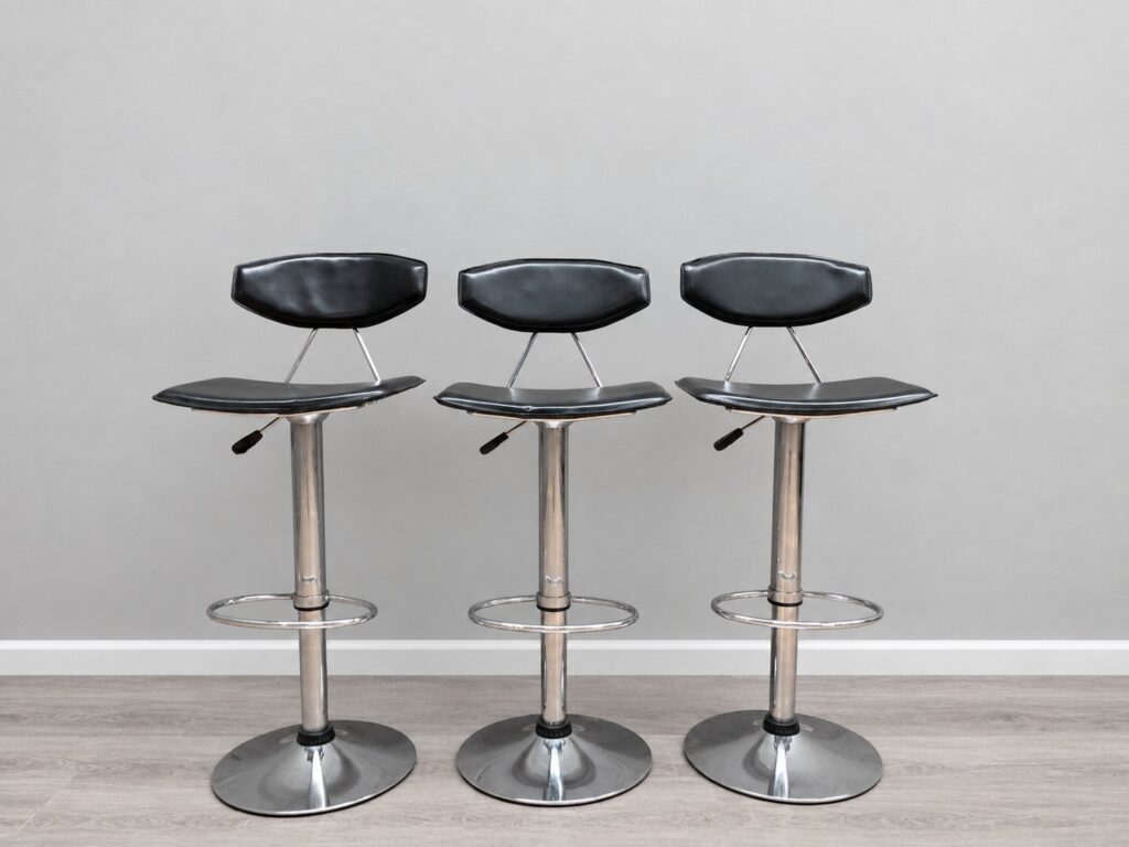 Set of 3 Adjustable Chrome Bar / Breakfast Stools with Black Vinyl Seats